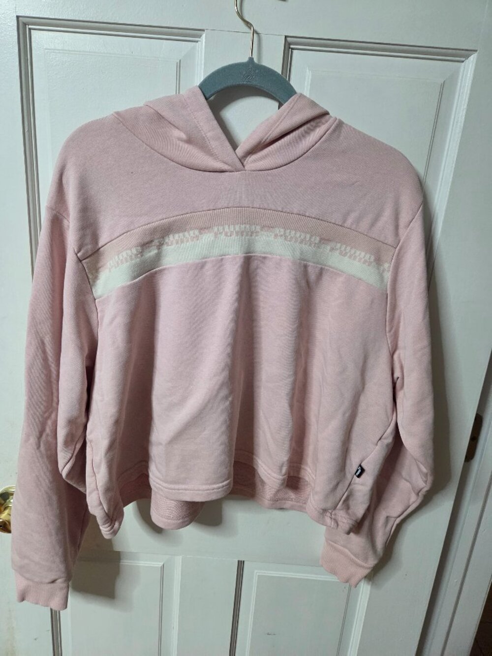 PUMA Blush Pink Cropped Hoodie | Logo Stripe | Women’s XL